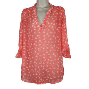 Rue 21 Orange White Bird Popover V-neck Top Women Size M Roll Tab Sleeve